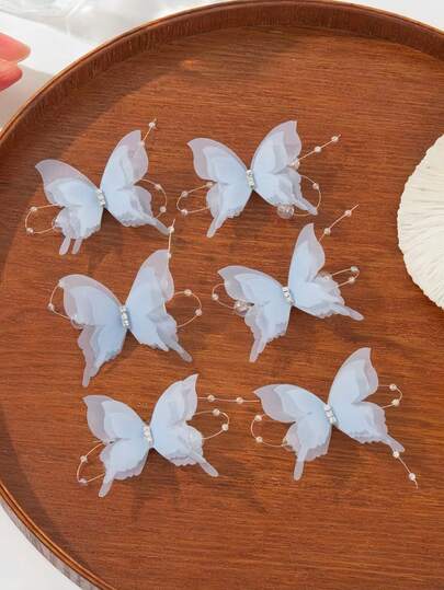 12pcs/Set Blue Tassel Bow Hair Clips, Chiffon Butterfly Design + Tassel Beads - Suitable For Women And Girls, Fit For Daily, Date, Outing, School, Photo Shooting, Easily Set The Atmosphere