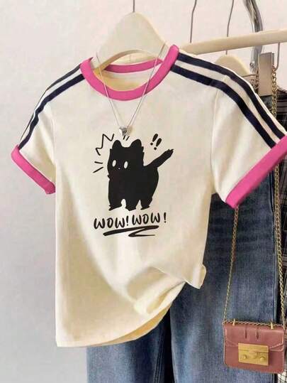 Women's Casual Contrast Color Side Stripe T-Shirt, College Style Daily Wear Summer Short Sleeve Tee, Patchwork Minimalist Fitted Retro Cute Cat Letter Print Sporty Top