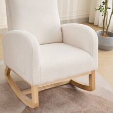 Silla mecedora de 27.2" de ancho para cuarto de niños, silla deslizante de poliéster con respaldo alto y bolsillo lateral, sillón mecedora con patas de madera de caucho para sala de estar/dormitorio. Color beige. - Marfil + Sherpa - Ver 12