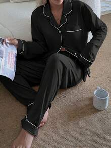 2 piezas Conjunto de pijama de mujer con cuello entallado y manga larga, ropa de dormir y de estar en casa cómoda y casual - Negro - Ver 3