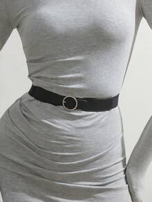 1 件女士弹性 PU 腰带，带装饰性圆形扣，适合搭配衬衫和长裙，夏季、学校秋季、秋季、万圣节 - 黑色 - 查看 4