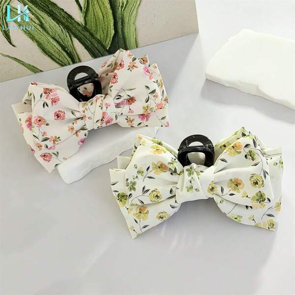 1pc Sweet Floral Printed Fabric Butterfly Hair Clip, Elegant Bohemian Hair Accessory For Daily Wear, Spring/Summer