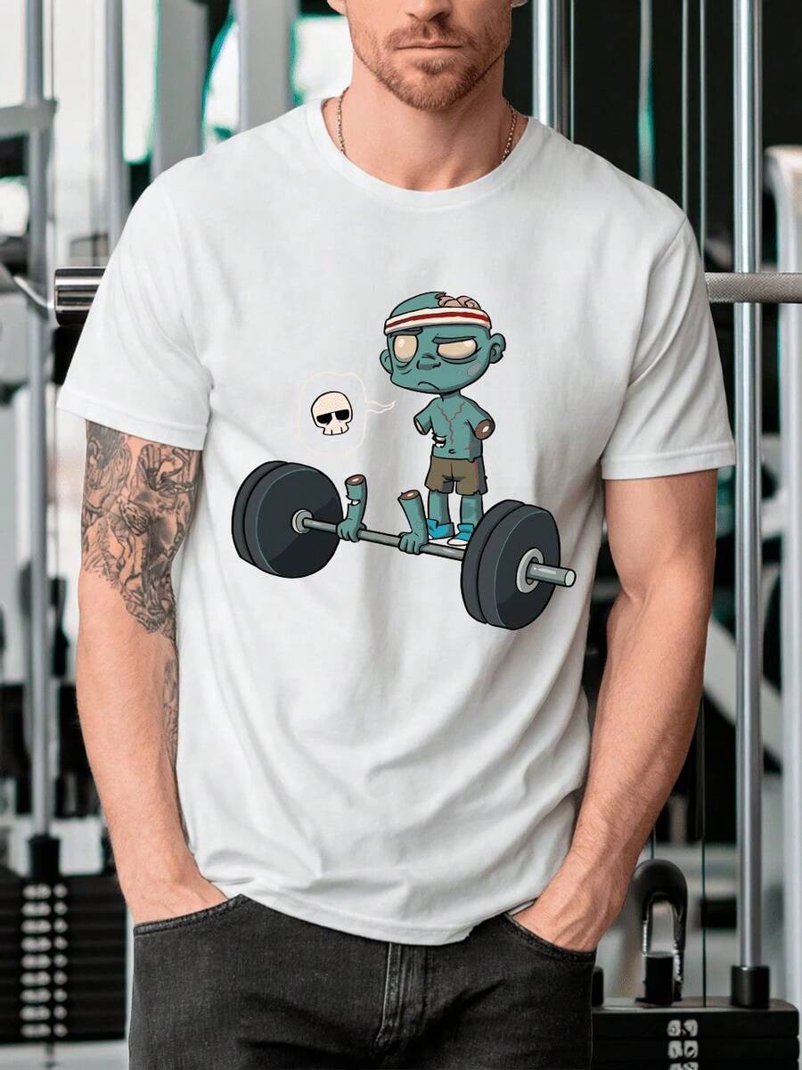 Playera Unisex 100% Algodón Peinado Cuello Redondo Modelo Zombie Pesas Unisex, Fresca y Cómoda, Para Uso Diario, Streetwear, Conciertos, Chistosas, Creativas, Gimnasio, Deporte - Blanco - Ver 1