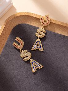 1 Đôi bông tai thiết kế chữ USA màu đỏ trắng xanh đính pha lê dành cho nữ - Vàng - Xem 4