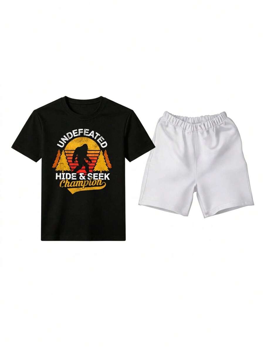 Conjunto masculino casual outdoor de dos piezas con estampado gráfico vintage de letras y naturaleza algodón ajuste holgado cuello redondo manga corta primavera verano uso diario set - Negro 1 - Ver 1