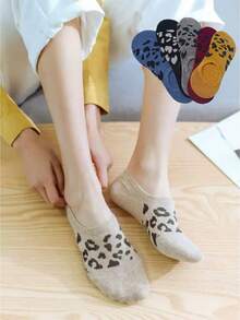 5pcs Unisex Leopard Print Boat Socks Mixed Pack – Perfect For Daily Wear - Multicolor - View 1