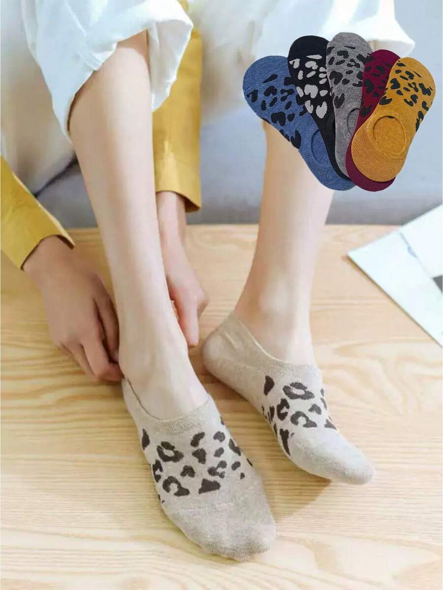 5pcs Unisex Leopard Print Boat Socks Mixed Pack – Perfect For Daily Wear - Multicolor - View 1