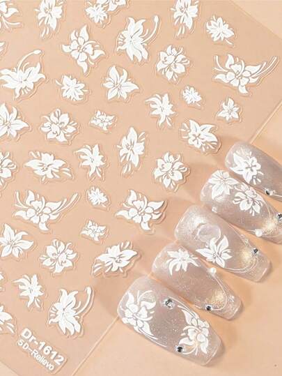 1 pezzo Adesivi per arte di unghie a fiori bianchi, 5D in rilievo, autoadesivi fai-da-te, decorazioni e accessori per unghie, per ragazze e donne, ideali per primavera, estate e San Valentino, per arte di unghie a casa o in salone
