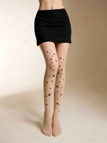 1双裸色透明连裤袜，星空印花，性感星空图案，日常穿着 - 彩色 - 查看 3