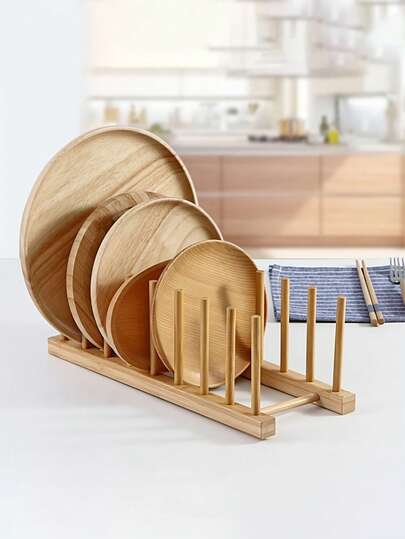 1 件装天然木质 6-7 格盘架 - 多功能立式晾干架，适用于盘子、杯子、书籍、锅盖和砧板，厨房台面收纳整理架及家居装饰
