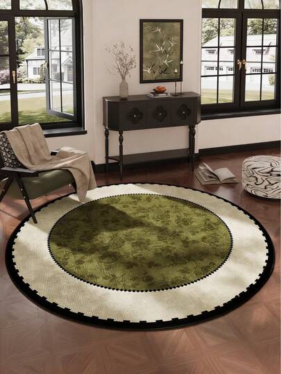 1pc Vintage Green & Black Contrast Round Rug, Southeast Asian Retro Style Decor Mat, Suitable For Living Room, Coffee Table, Bedroom, Study, Sofa Side, Show House, French Retro Space, Homestay, Washable Carpet