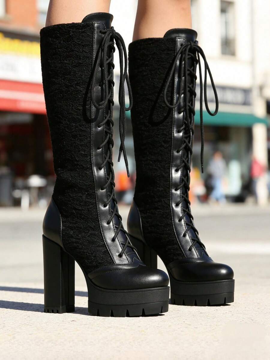 Women's Knee High Goth Platform Boots Chunky High Heel Combat Riding Boots Y2K Style Lace Up Punk Boots With Chain Motorcycle Boots With Side Zipper - màu đen - Xem 1