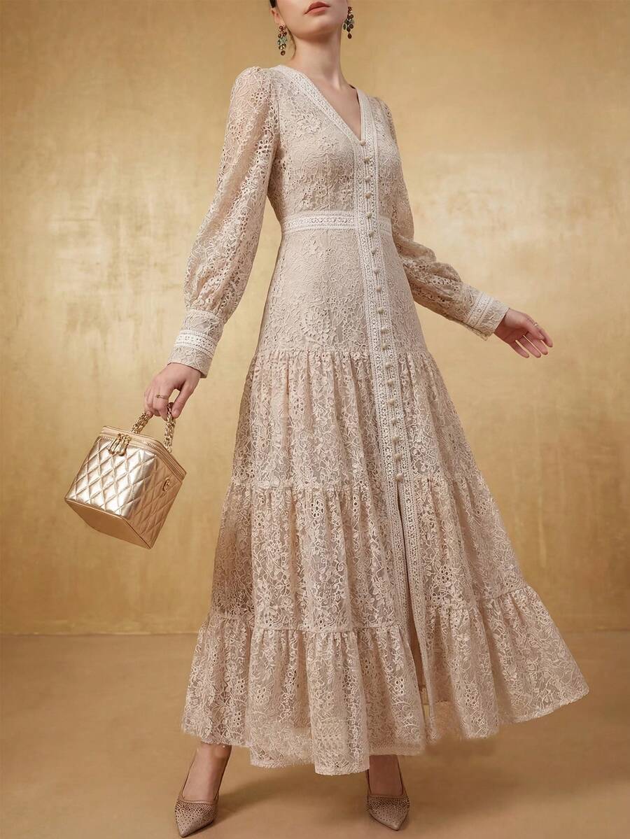 Đầm dài tay cổ chữ V thanh lịch dành cho nữ, phối ren hoa, dáng ôm, xẻ tà, thích hợp cho mùa xuân. - Màu be - Xem 1