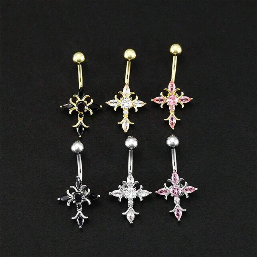 1 chiếc khuyên rốn hình thánh giá đính đá Zirconia thời trang, kiểu dáng gợi cảm và dễ thương dành cho phụ nữ mùa hè. - Nhiều màu - Xem 1