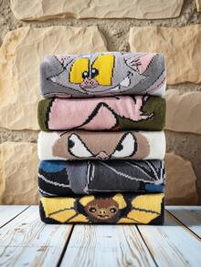 5 Pairs Women's Cartoon Pattern Ankle Socks, Thin Summer Bat Design Boat Socks, Suitable For Daily Wear - Multicolor - View 4