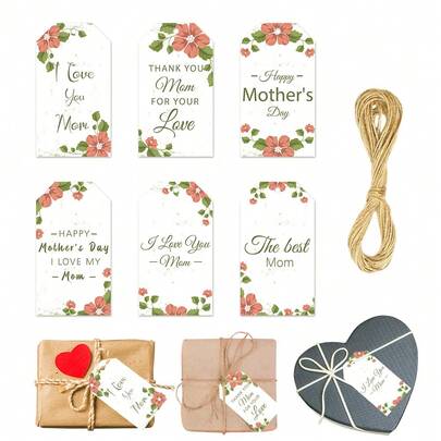 60 chiếc thẻ giấy quà tặng Ngày của Mẹ với 6 kiểu dáng khác nhau, thẻ treo "Chúc mừng Ngày của Mẹ", thẻ hoa "Yêu Mẹ", thẻ "Mẹ Tuyệt Vời", kèm dây gai để tự làm đồ thủ công, quà tặng sinh nhật, quà tặng cho mẹ.