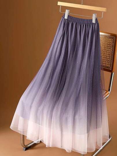 Versatile Minimalist Women's Ombre Mesh A-Line Skirt, Flowy Pleated Skirt With Wide Sheer Hem, Suitable For Brunch , Spring/Summer