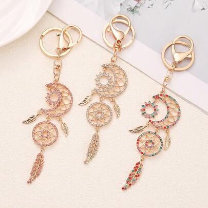 New Arrival Dreamcatcher Rhinestone Hollow Feather Keychain, Creative Metal Bohemian Zinc Alloy Keyring, Small Gift For Bag/Car