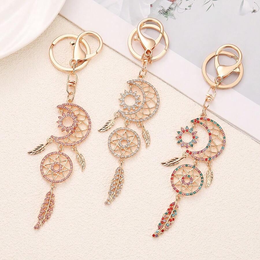 Nuevo llavero de atrapasueños con plumas huecas y cristales, llavero creativo de metal bohemio de aleación de zinc, pequeño regalo para bolso/coche - Multicolor - Ver 1