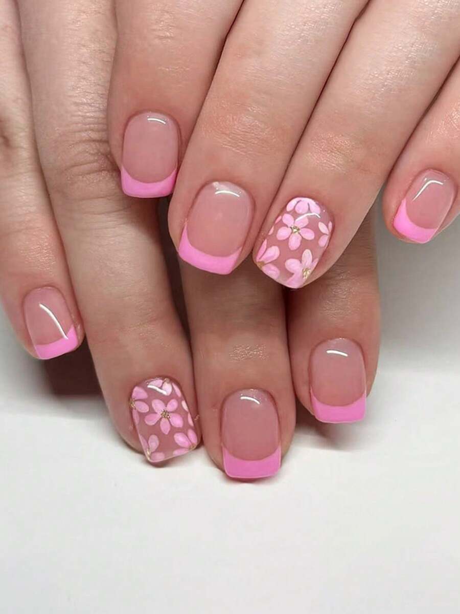 24pcs European Square Short False Nails, Pink Floral Glitter Sweet Square Wearable Press-On Nails, Suitable For Party, Ball And Daily Wear - Pink - View 1