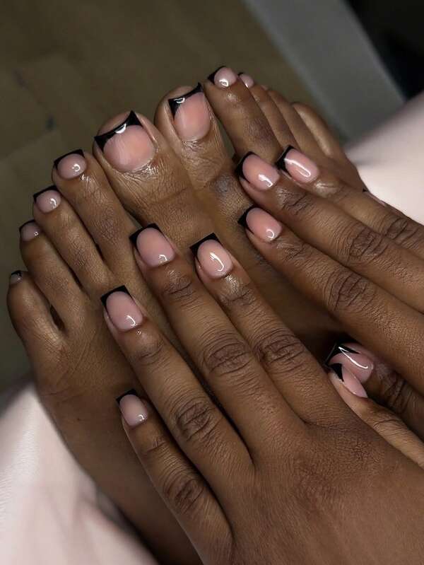 French Black Acrylic Nail And Toenail Tips, 48Pcs Short Rectangular Press On Nails And Toenails, Suitable For Nail Salons, Everyday Wear For Women, And Holiday Parties; Also Makes A Great Gift For Nail And Toenail Care