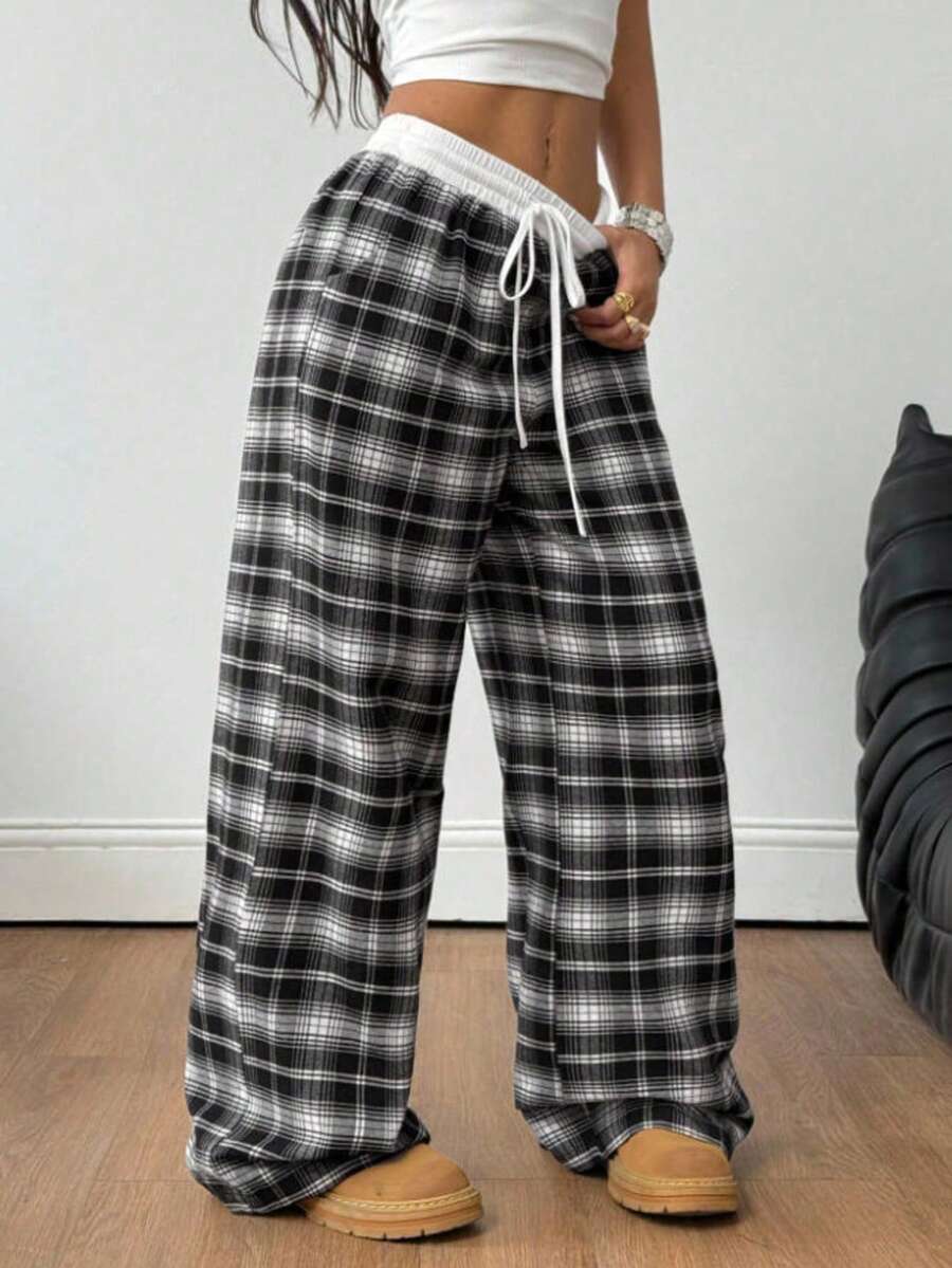 Pantalones rectos de cintura elástica con estampado de cuadros, pantalones casuales de estar en casa para primavera, verano y otoño - Blanco y Negro - Ver 1