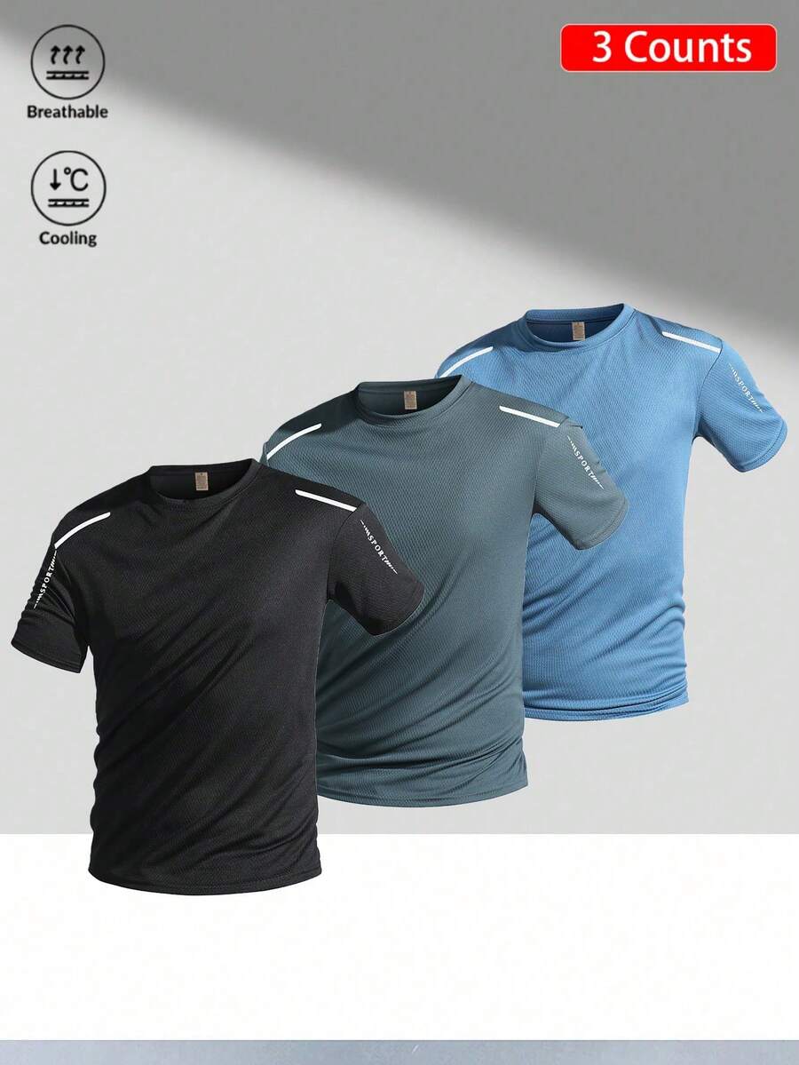 3pcs/Set Men's Contrast Stripe Sports T-Shirts, Breathable Comfortable Casual Tops Suitable For Sports, Street, Daily, Commute And Outdoor Activities, Spring/Summer - Multicolor - View 1