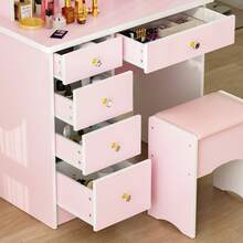 Makeup Vanity Set With Intelligent Touch LED Lighted Mirror, 5 Drawers, 4 Storage Shelves, And Cushioned Stool – Modern Dressing Table With Upgraded Crystal Handles And Smooth Drawer Slides - Pink-with light - 查看 7