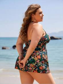 Large Retro Floral Skirt Style Swimsuit For Women, V-Neck, Twisted Knot, Hollow Out To Cover The Belly, Slimming And Refreshing Vacation Style Swimsuit - Hoa - Xem 3