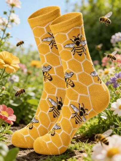 1 Pair Valuable Multi-Color Couple Mid-Calf Socks, Soft Bee Design Novelty Socks, Cute Unique Creative, Comfortable Versatile, Suitable For Birthday, Valentine's Day, Easter, Ramadan, Date, Family Gathering, Party, Holiday Gifts, Personalized Fashion Funny Abstract Casual Wear Socks, Popular Cute Outfit, Ideal Gift For Couples, Friends, Suitable For Vacation Travel