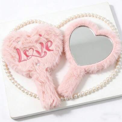 Heart-Shaped Makeup Mirror | Portable Plastic Hand Mirror With High-Definition Handle, 1pc Plush Handheld Makeup Mirror, Plush Mirror-Portable & Convenient To Carry | Multiple Colors Available | Unique Style Design,Student Portable Mirror, Gift Makeup Mirror, Silvery Small Mirror, Couple Pocket Mirror, Sister Gift, Classmate Gift, Birthday Gift, Graduation Gift, Christmas Gift