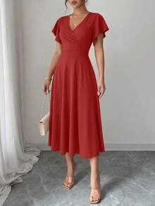 Women's Summer Mid-Length Dress Ruffled Sleeve Covered V-Neck Elegant Wedding Party Swing A-Line Slim Flared Dress - Red - View 4
