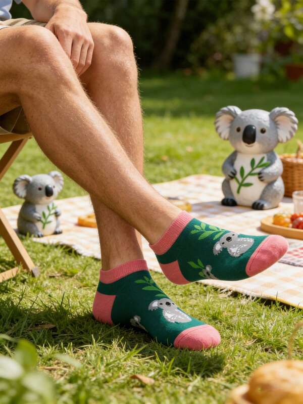 1 Pair Men's Green And Pink Cartoon Koala Pattern Socks, And Versatile For Daily Wear, All Seasons