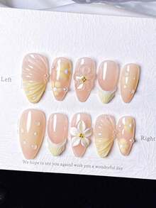 10pcs Almond-Shaped Artificial Nail Stickers With 100% Hand-Painted Lemon Yellow Flowers, Shell Pattern Gel Decorations, Unique Aurora-Like Orange-Yellow Jumping Effect, Cute Hand-Painted Yellow Polka Dot Five-Petal Flowers, High-End Yellow French Faux Pearl Waves, 3D Carved Small Water Droplets, Unique Elegant Cute Luxury Style, Suitable For All Occasions, Can Be Matched With Various Outfits, Quick Application And Removal, Reusable Nails Nail Supplies Handmade Press On Nails - 黃色 - 查看 1