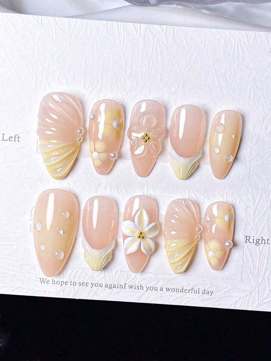 10pcs Almond-Shaped Artificial Nail Stickers With 100% Hand-Painted Lemon Yellow Flowers, Shell Pattern Gel Decorations, Unique Aurora-Like Orange-Yellow Jumping Effect, Cute Hand-Painted Yellow Polka Dot Five-Petal Flowers, High-End Yellow French Faux Pearl Waves, 3D Carved Small Water Droplets, Unique Elegant Cute Luxury Style, Suitable For All Occasions, Can Be Matched With Various Outfits, Quick Application And Removal, Reusable Nails Nail Supplies Handmade Press On Nails - 黃色 - 查看 1