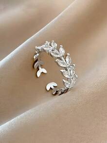 1 chiếc nhẫn hình lá đính đá Cubic Zirconia có thể điều chỉnh kích thước. - Bạc - Xem 5