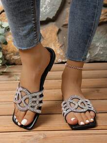 2026 New Women's Flat Sandals, Fashion Outdoor Slippers With Rhinestones, French Style High-End Comfortable Open Toe Chunky Heel Sandals For Summer - Black - View 2