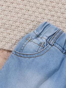 Girls' Denim Shorts With Ruffle Hem, Fashionable & Comfortable, Suitable For Casual Wear - Light Wash - View 4