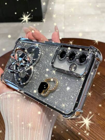 1pc Luxury Glitter Heart Ring Holder Stand Shockproof Phone Case, Heart-Shaped Bracket Sequins Electroplated Corner Anti-Drop Phone Case Compatible With IPhone 17 Pro Max/16 Pro Max/15/14 Pro/13/12/11/XR/XS Max/8/7/6 Plus/SE2 3, Galaxy S26 S25 Series, Galaxy A Series, Series, Note Series, A Series, Honor X Series, Magic Series