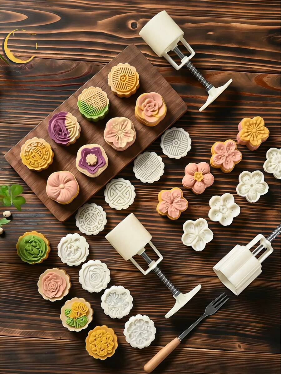 Bộ khuôn dập bánh trung thu Mamour, dụng cụ tạo hình chống dính với các họa tiết có thể tháo rời, khuôn ép bánh thủ công, thích hợp cho việc làm bánh tại nhà, các món tráng miệng, sô cô la, thạch, mousse, kem phủ, kem lạnh, bánh quy, sushi, xà phòng, làm nến, bộ dụng cụ làm bánh bằng silicon có thể tái sử dụng. - trắng - Xem 1
