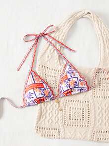 1 pieza Top de bikini con tirantes finos y espalda descubierta con estampado lindo, adecuado para vacaciones de verano en la playa - Multicolor - Ver 6