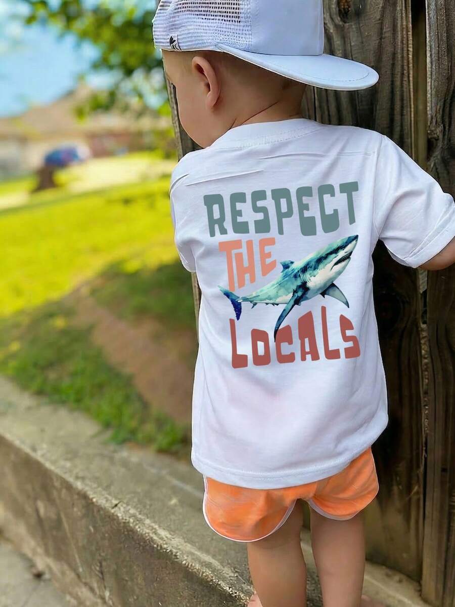 Áo thun ngắn tay cổ tròn dáng rộng phong cách đường phố Âu Mỹ mùa hè cho bé trai, in chữ "RESPECT THE LOCALS" (Tôn trọng người dân địa phương) ngộ nghĩnh, thích hợp cho kỳ nghỉ biển và mặc hàng ngày, rất đa năng. - trắng - Xem 1