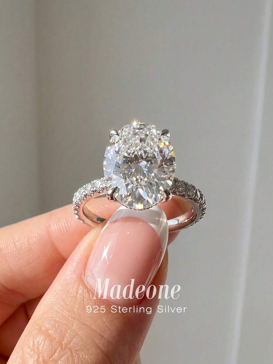 MADEONE 1枚925纯银奢华闪亮大号四爪蛋形戒指，适合女性日常佩戴、生日派对、新娘装饰和情人节礼物 - 白鑽 - 查看 1