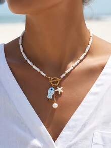 1pc Summer Beach Style Ceramic Fish & Starfish Tassel Pearl Beaded OT Clasp Necklace, Suitable For Women's Vacation Accessories, Dating, Gifts - Multicolor - View 1