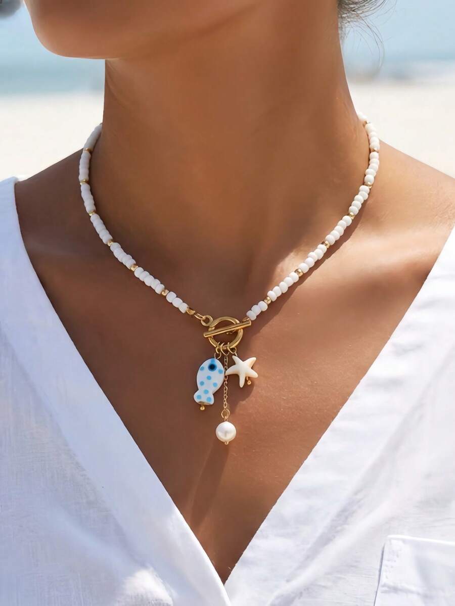 1pc Summer Beach Style Ceramic Fish & Starfish Tassel Pearl Beaded OT Clasp Necklace, Suitable For Women's Vacation Accessories, Dating, Gifts - Multicolor - View 1