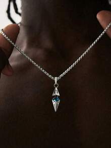 1pc/Fashion Unisex Blue Stone Pendant Necklace With Stainless Steel Chain, Geometric Design, Perfect As A Boyfriend/Girlfriend Gift, Party Accessory, Summer Fashion Essential - Multicolor - View 1