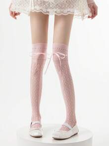 1/3 双春夏薄款过膝袜，芭蕾舞风格交叉绑腿袜，洛丽塔蝴蝶结过膝袜，网眼镂空大腿袜，隐形袜，长筒袜，直筒袜 - 彩色 - 查看 23