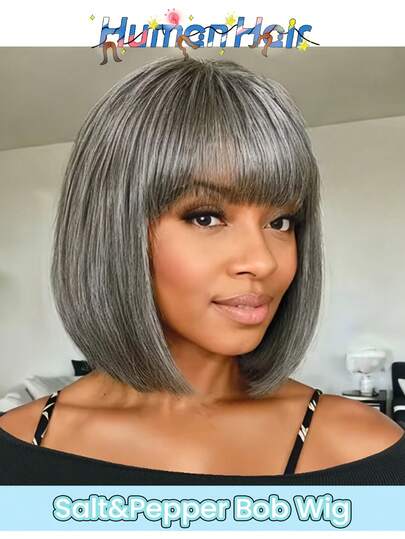 Straight Grey Bob Wig With Bangs For Women 150% Density Salt And Pepper Straight Glueless Bob Wig With Bangs 8-12inch Machine Made Chic Gray & White Preplucked Basic No Lace Glueless Wig For Women