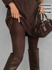 1 Pair Women's Dark Brown Velvet Pantyhose, High Elasticity Warm Slimming Tights, Suitable For Daily Casual Wear - Brown - View 2