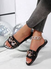 Sandalias de mujer con decoración de rhinestones, cómodas y casuales para uso en exteriores, minimalistas de una sola tira, diapositivas planas negras, de moda, nuevas llegadas de verano - Negro - Ver 5